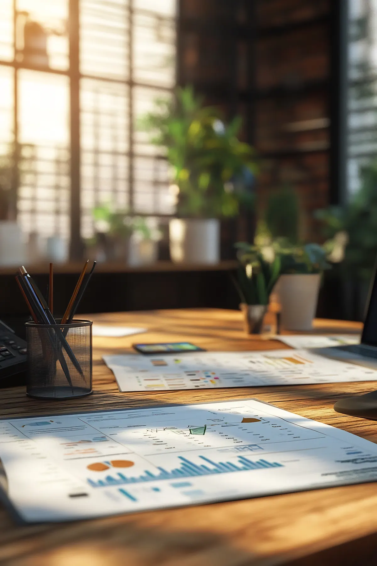Mesa de trabalho com laptop mostrando gráficos financeiros, xícara de café e documentos, ambiente de escritório moderno
